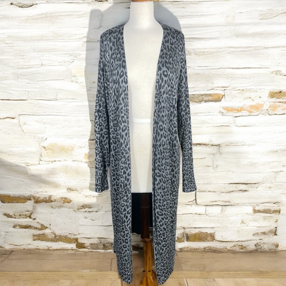 Terra & Sky Plus Leopard Print Open Front Cardigan Long Duster Sweater Size 14W - Picture 3 of 16